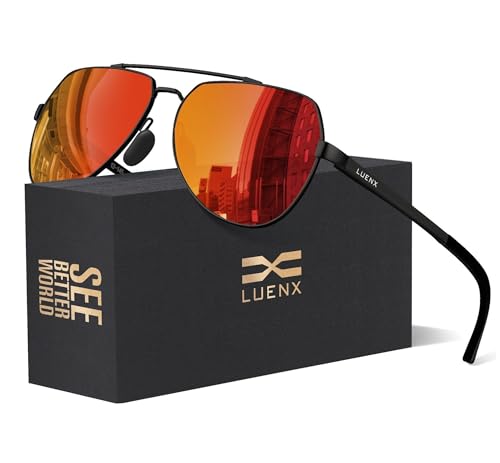 LUENX Men Women Aviator Sunglasses Polarized Shades Flexible Spring Hinge -Orange Mirror Lens Black frame 60mm - Image 1