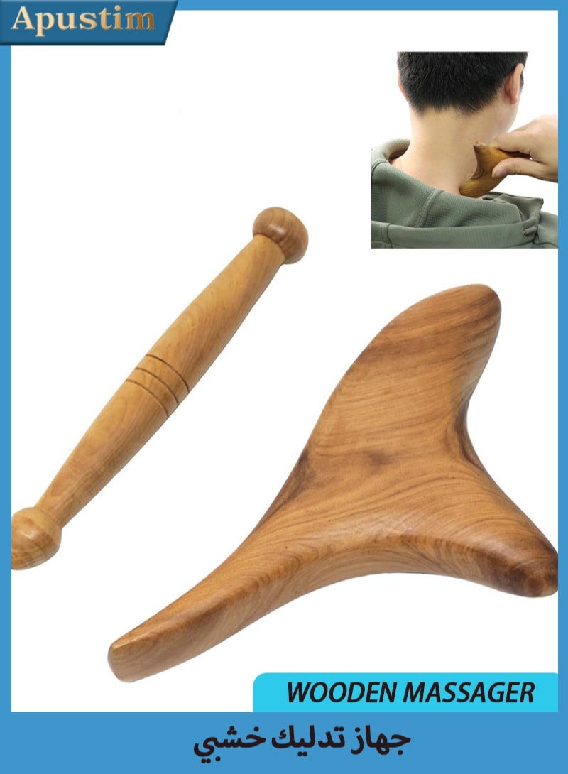 Apustim 2 Pieces Foot Massage Tools Wooden Body Massager Triangle Scraping Board Gua Sha Board Foot Massage Stick Tools Head Neck Hand Waist Calf Foot Massager - Image 1