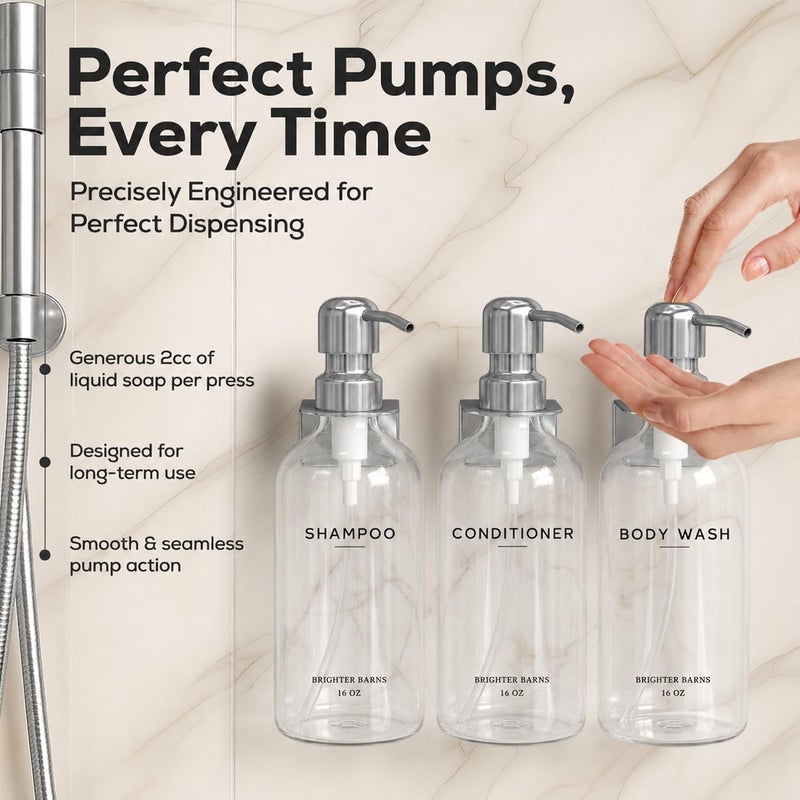 Brighter Barns Clear Shampoo and Conditioner Dispenser Set Wall Mounted by - Wall Mounted Shower Shampoo Dispenser for Shower Wall - Refillable Shower Soap Bottles 3 Chamber No Drill (Clear/Silver) - Image 4