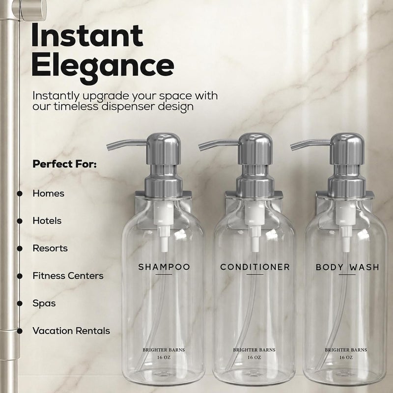 Brighter Barns Clear Shampoo and Conditioner Dispenser Set Wall Mounted by - Wall Mounted Shower Shampoo Dispenser for Shower Wall - Refillable Shower Soap Bottles 3 Chamber No Drill (Clear/Silver) - Image 2