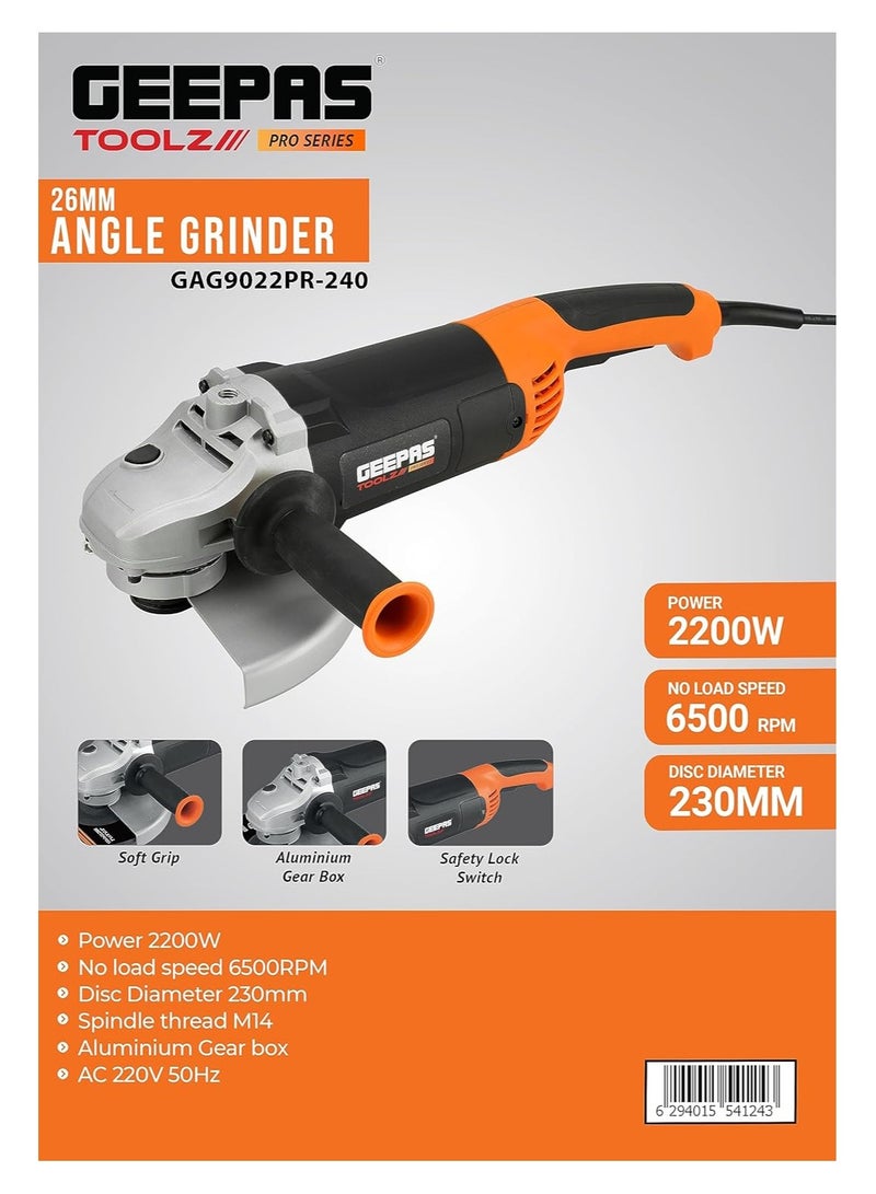 GEEPAS 26mm Angle Grinder, 2200W Power, 230mm Disc, GAG9022PR-240, 6500RPM, Aluminium Gear Box, Safety Lock System, Ideal for Metal Grinding & Cutting - Image 3