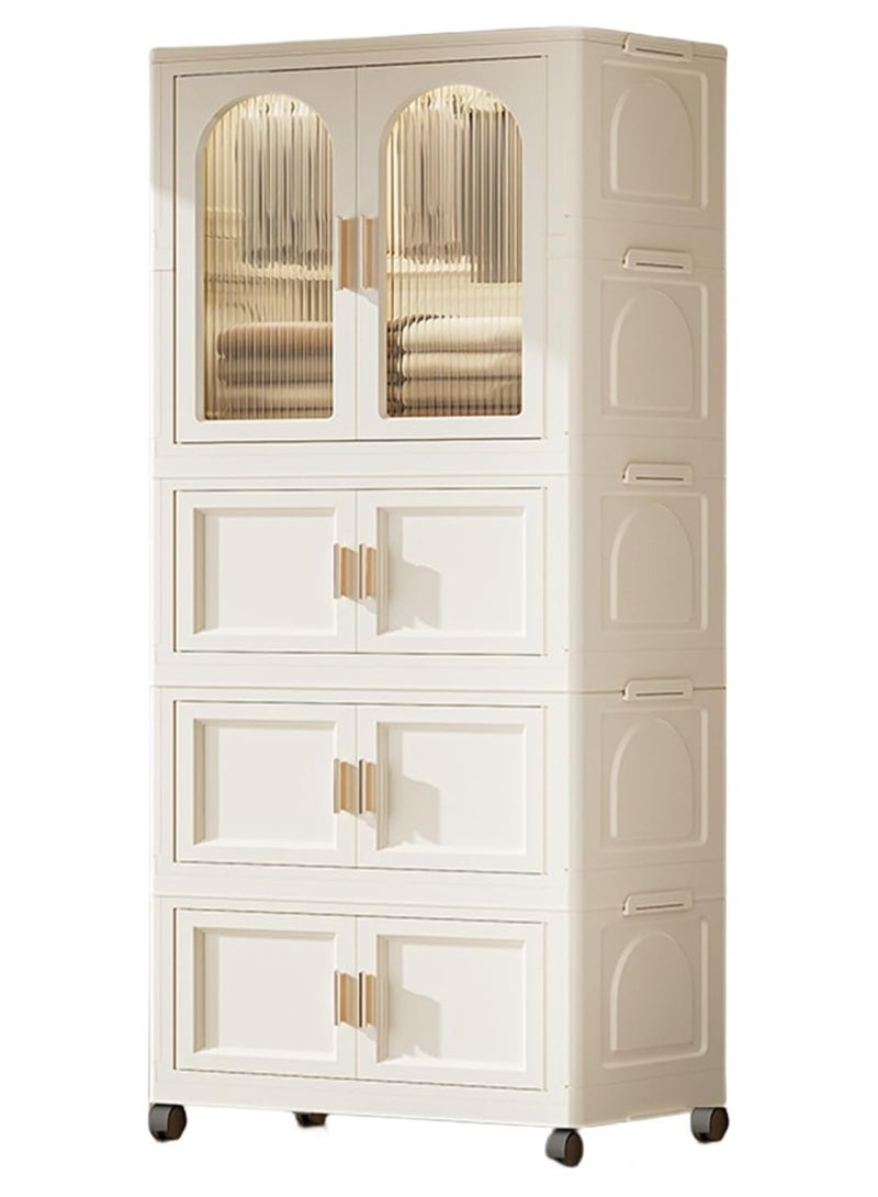 DubaiGallery صندوق تخزين بلاستيكي قابل للطي ب4 طبقات مع عجلات ومنظمات خزانة بأبواب مزدوجة قابلة للطي وحاويات تخزين مفتوحة من الأمام مع عجلات للمنزل والسكن والمكتب - Image 1