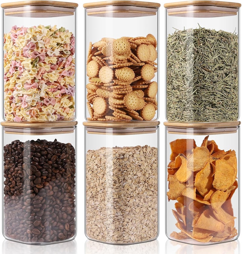 YUNCANG Glass Storage Jars 6 Pack -50oz (10cmx20cm)Clear Glass Food Storage Containers with Airtight Bamboo Lid Stackable Kitchen Canisters for Candy,Cookie,Rice,Sugar,Flour,Pasta,Nuts and Spice Jars(Square) - Image 1