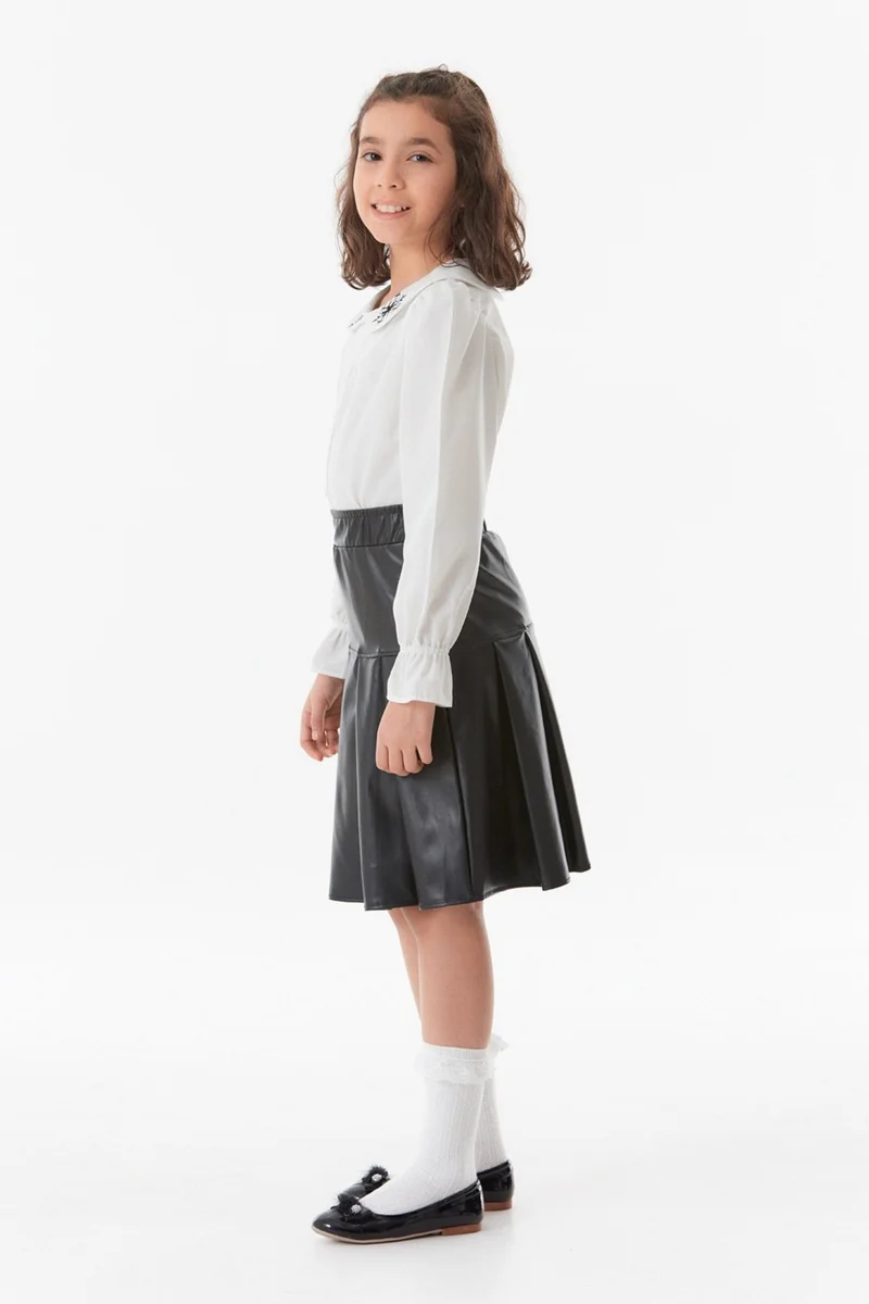 فولامودا Faux Leather Girls' Suit with Embroidered Collar