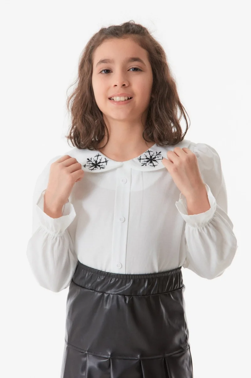 فولامودا Faux Leather Girls' Suit with Embroidered Collar