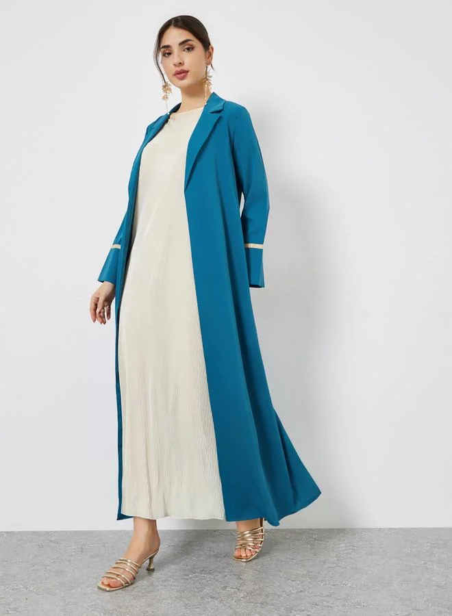 Styli Blue Collared Abaya with Lace Cuff Detail