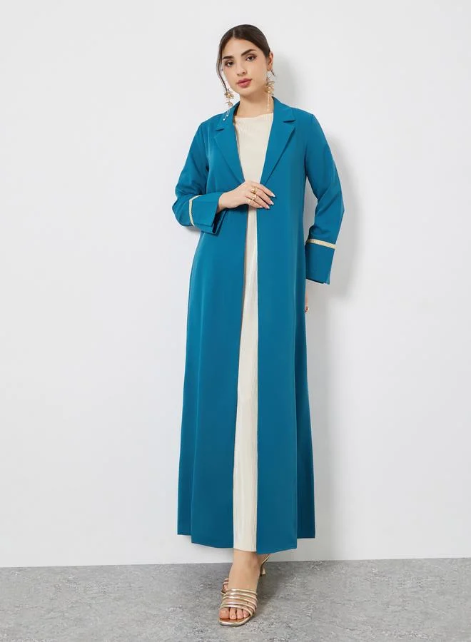 Styli Blue Collared Abaya with Lace Cuff Detail