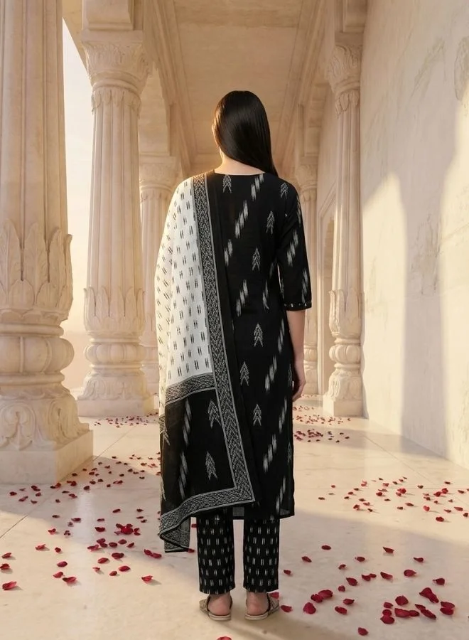 Yuris  Yuris Women Black  White Pure Cotton Printed Kurta with Trousers  Dupatta for Women | Best Price UAE