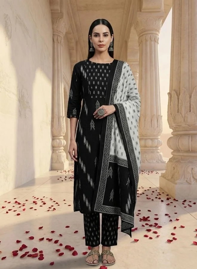 Yuris Yuris Women Black  White Pure Cotton Printed Kurta with Trousers  Dupatta