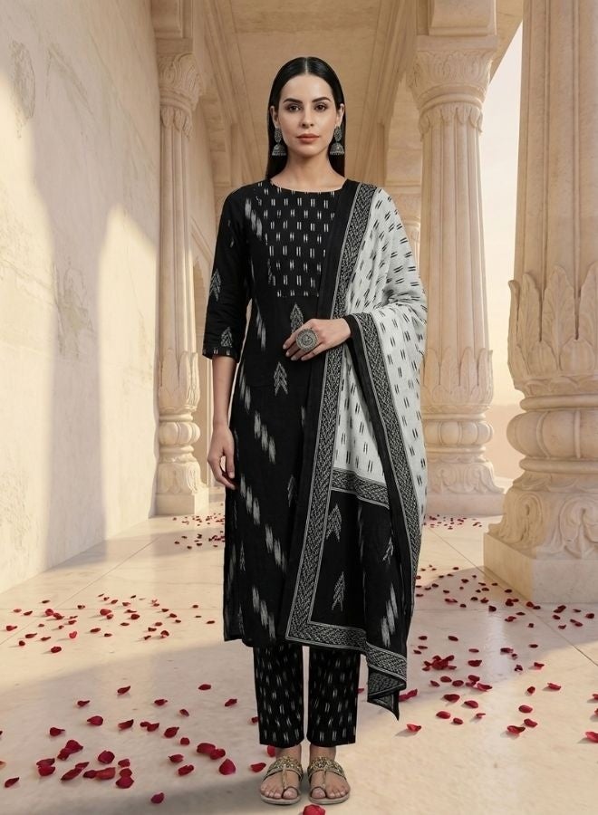 Yuris Women Black  White Pure Cotton Printed Kurta with Trousers  Dupatta - Image 1