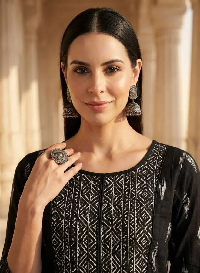 Yuris Yuris Women Black  White Pure Cotton Printed Kurta with Trousers  Dupatta