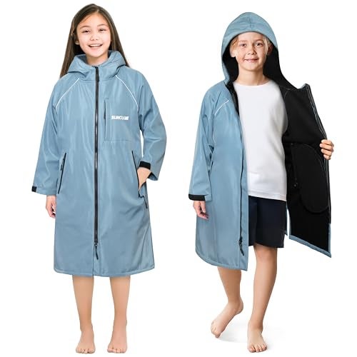 Suncube SUN CUBE Swim Parka Boy Girl Unisex Kids Hooded Changing Robe with Water Resistant Shell and Warm Fleece Lining for Swimming Surfing Triathlon Water Sports Light Blue - Image 1