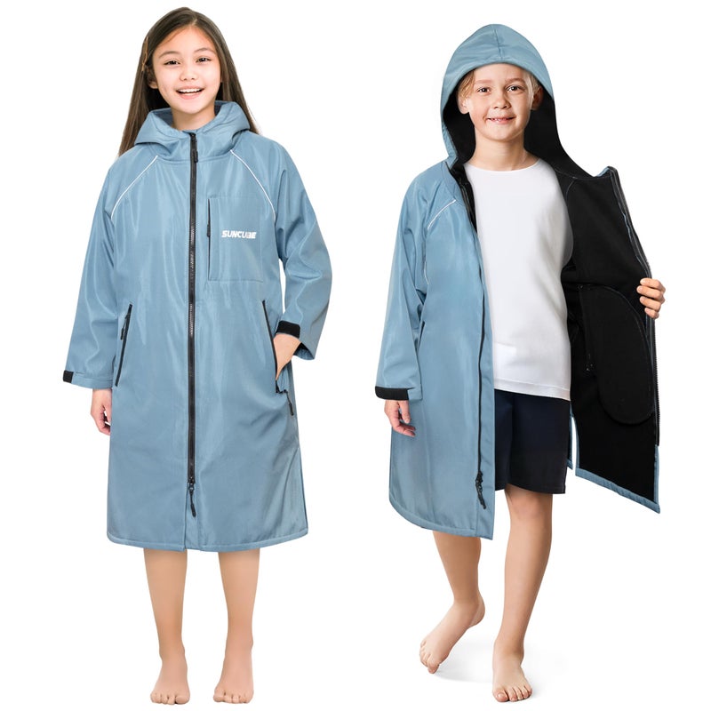 Suncube SUN CUBE Swim Parka Boy Girl Unisex Kids Hooded Changing Robe with Water Resistant Shell and Warm Fleece Lining for Swimming Surfing Triathlon Water Sports Light Blue - Image 2