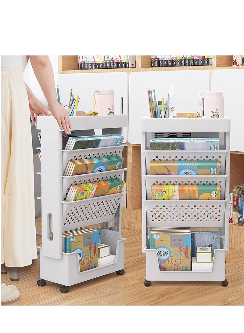 Cozy Nest 5-Tier Bookshelf Storage Cart with Wheels Multi-Functional Movable Toy Storage Organizer,Narrow Space-Saving Utility Shelf for Home,Office,Dorm,and Classroom,Durable,and Easy to Move - Image 1