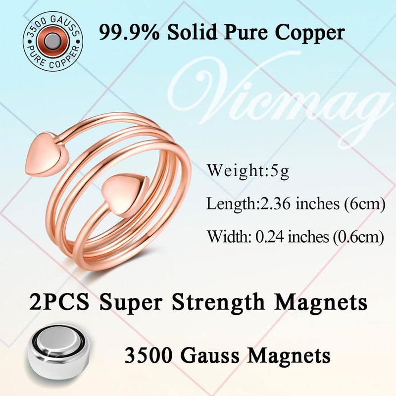 Vicmag Copper Magnetic Ring for Women Ring Ladies Fingers Thumb 99.9% Solid Pure Copper Gift 2PCS Adjustable (Rose Gold Heart) - Image 4