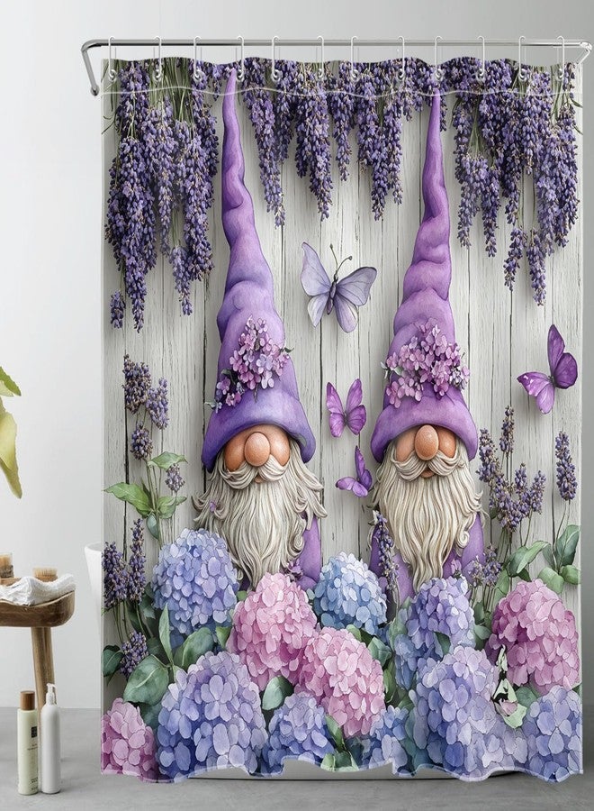LB Purple Lavender Floral Shower Curtain for Bathroom, Spring Vintage Pink and Blue Hydrangea Flower and Butterfly Fabric Shower Curtain with Hooks,Cute Gnome Bathroom Curtain Shower Set,72"W x 72"L - Image 1