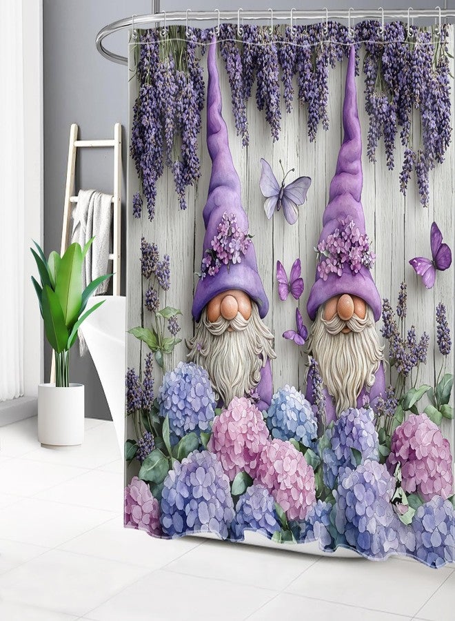 LB Purple Lavender Floral Shower Curtain for Bathroom, Spring Vintage Pink and Blue Hydrangea Flower and Butterfly Fabric Shower Curtain with Hooks,Cute Gnome Bathroom Curtain Shower Set,72"W x 72"L - Image 2