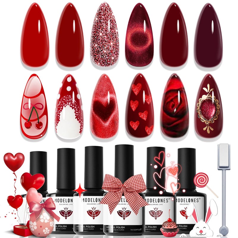 modelones Red Gel Nail Polish Set - 6 Colors 2026 Easter Ruby Glitter Cat Eye Magnetic Gel Polish Burgundy Red Sparkle Bloody Nail Polish Kit Soak Off LED Manicure Nail Art DIY Gift - Image 1