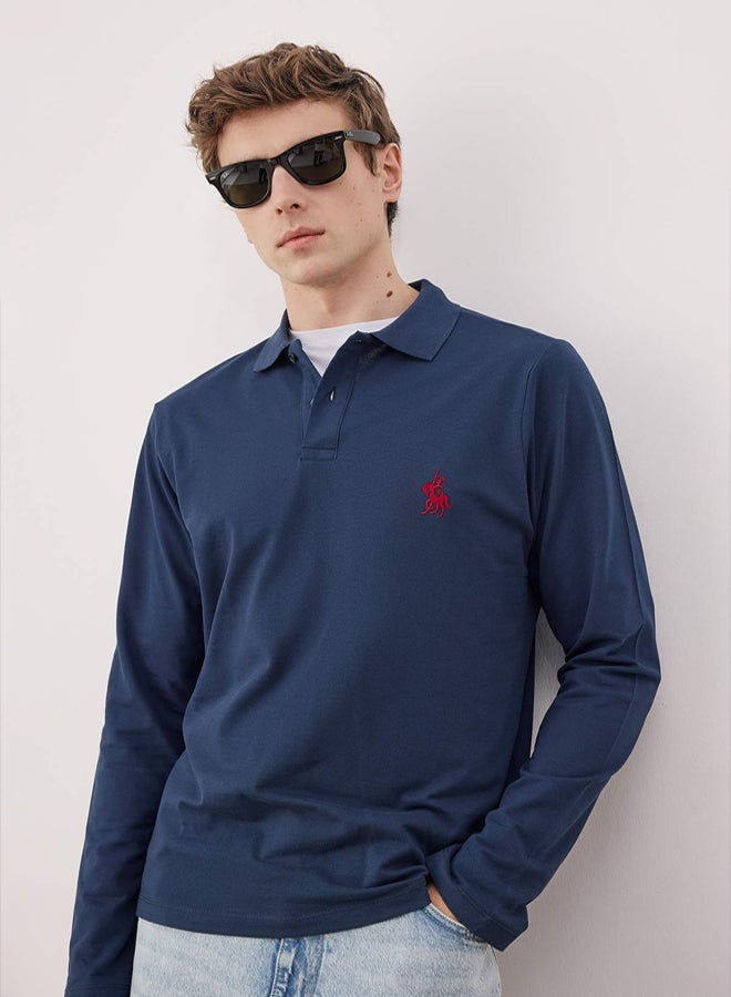 trendyol Navy Blue 100% Cotton Slim/Fitted Long Sleeve Horse Embroidered Polo Collar TShirt - Image 2