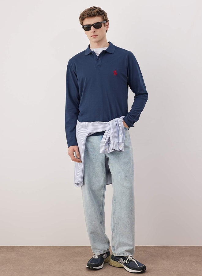 trendyol Navy Blue 100% Cotton Slim/Fitted Long Sleeve Horse Embroidered Polo Collar TShirt - Image 1