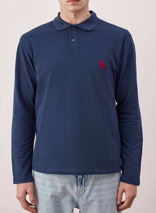 trendyol Navy Blue 100% Cotton Slim/Fitted Long Sleeve Horse Embroidered Polo Collar TShirt - Image 3