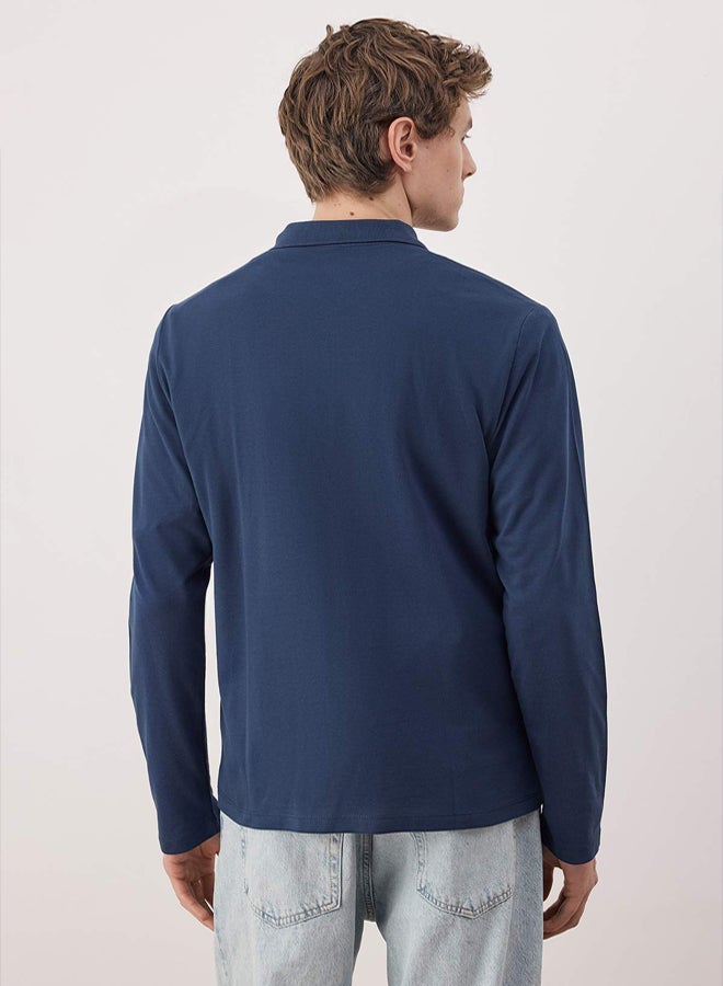 trendyol Navy Blue 100% Cotton Slim/Fitted Long Sleeve Horse Embroidered Polo Collar TShirt - Image 4