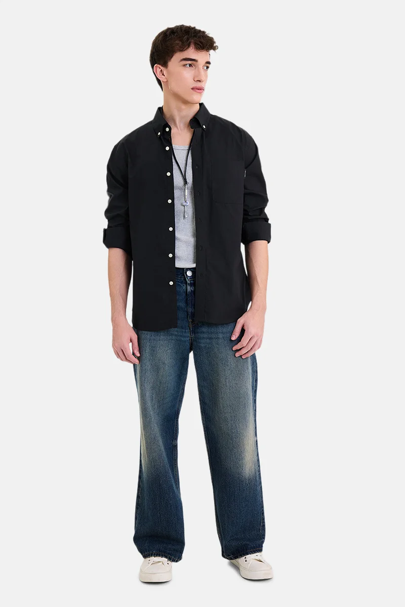 SNITCH Black Solid Long Sleeve Regular Fit Casual Shirt