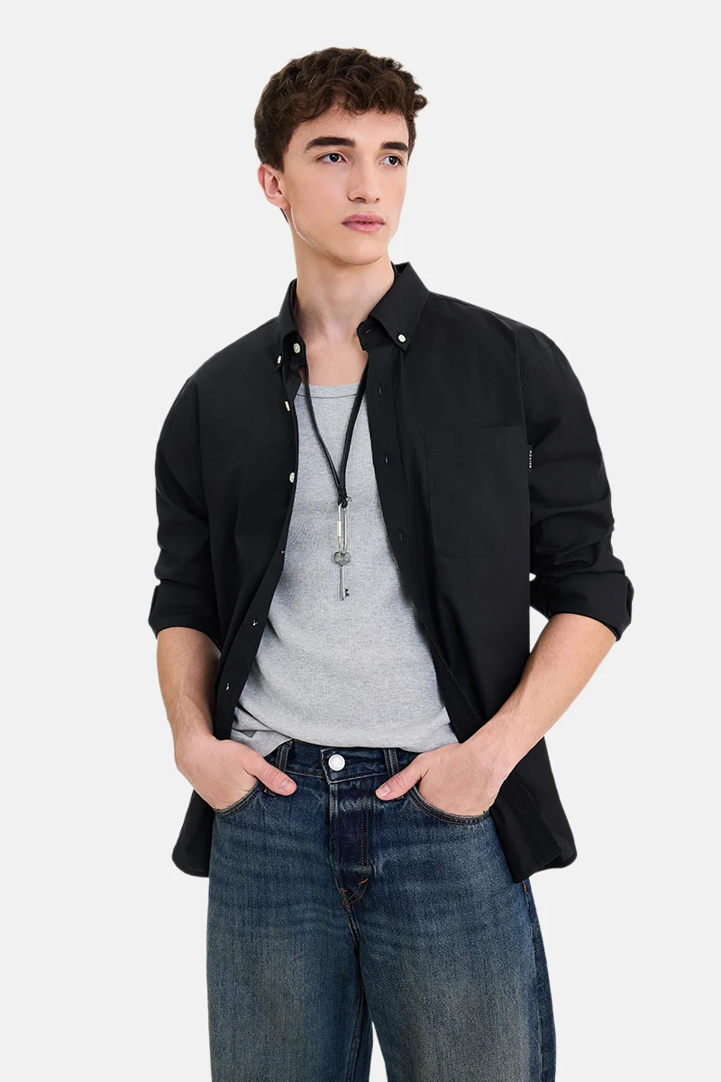 SNITCH Black Solid Long Sleeve Regular Fit Casual Shirt