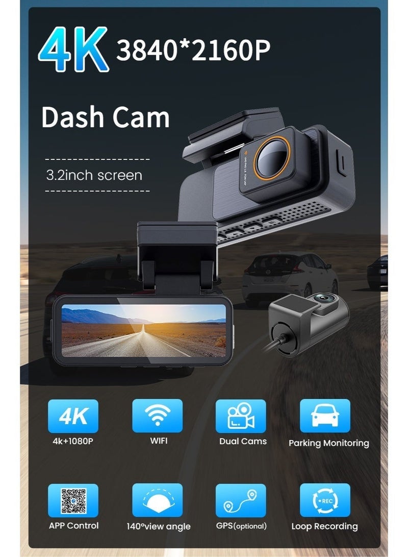 Dual Lens 4k Front+1080P Rear Mini Dash Cam with Wifi Gps Logger Fit Max 512g Card Night Vision Car Camera - Image 2