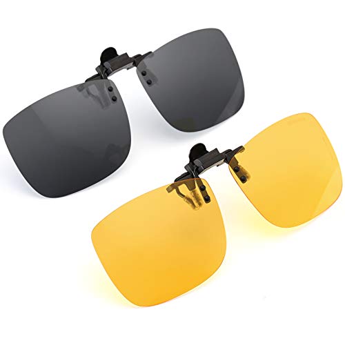CAXMAN Polarized Clip-on Flip Up Metal Clip Rimless Sunglasses, Lightweight, Large Oversized, Set of 2 PCS (Black + Yellow) - Image 1