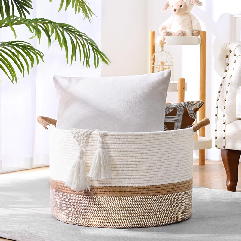 Degeyoyo 67L Large Blanket Basket, 20"x13" Woven Storage Baskets With Handle, Cotton Rope Blanket Basket Living Room, Baby Laundry hamper for Blanket, Nursery, Toy, Pillow (White & Brown) - Image 3