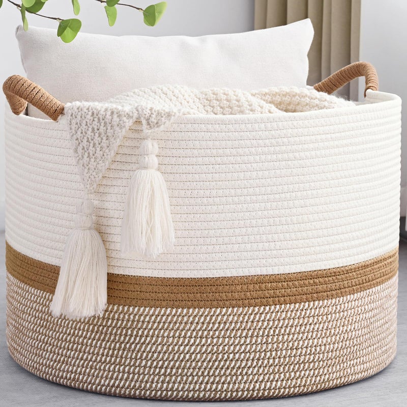Degeyoyo 67L Large Blanket Basket, 20"x13" Woven Storage Baskets With Handle, Cotton Rope Blanket Basket Living Room, Baby Laundry hamper for Blanket, Nursery, Toy, Pillow (White & Brown) - Image 1