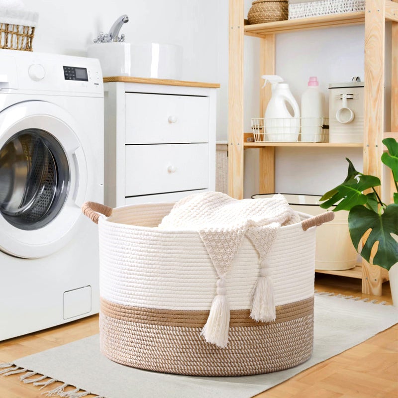 Degeyoyo 67L Large Blanket Basket, 20"x13" Woven Storage Baskets With Handle, Cotton Rope Blanket Basket Living Room, Baby Laundry hamper for Blanket, Nursery, Toy, Pillow (White & Brown) - Image 2