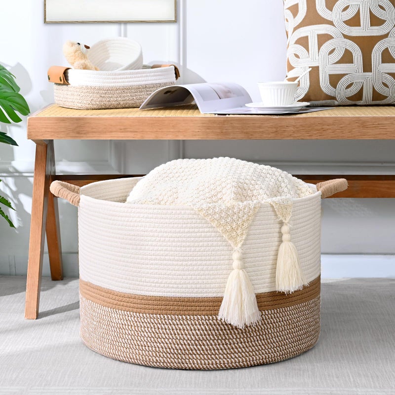 Degeyoyo 67L Large Blanket Basket, 20"x13" Woven Storage Baskets With Handle, Cotton Rope Blanket Basket Living Room, Baby Laundry hamper for Blanket, Nursery, Toy, Pillow (White & Brown) - Image 4