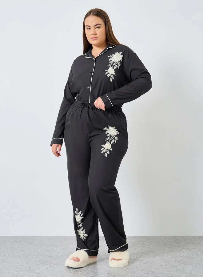 ستايلي طقم قميص وبجامة مطبوع بالزهور بمقاس كبير