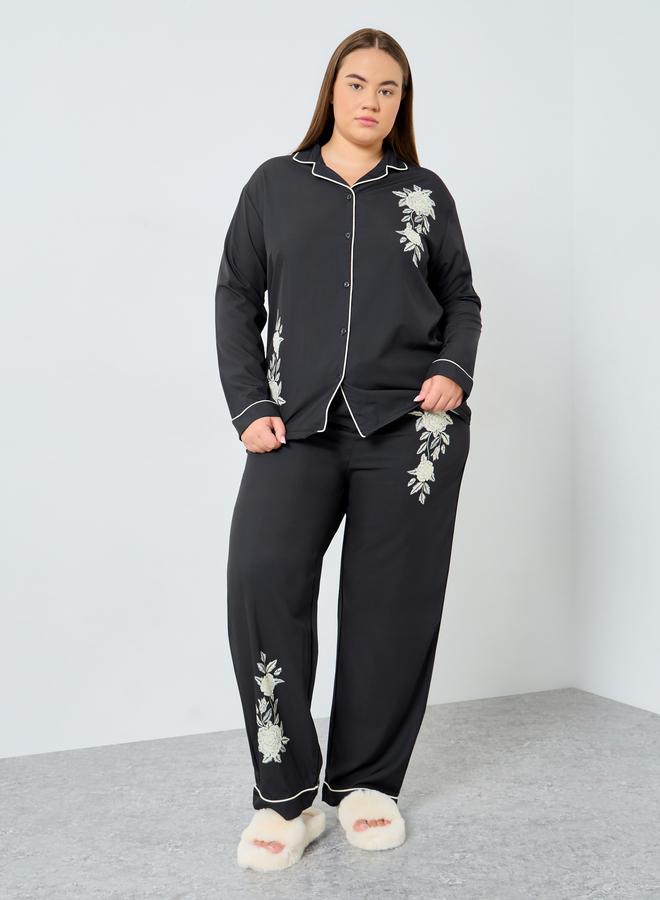 ستايلي طقم قميص وبجامة مطبوع بالزهور بمقاس كبير - Image 1