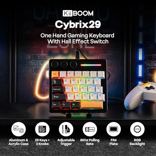 KiiBoom Cybrix 29 Rapid Fast Wired Gaming Keyboard, 8Khz Polling, Aluminum & Acrylic One Handed Keyboard, 3 Programmable Knobs, Magnetic Switch, Adjustable Actuation, RGB Backlits, FR4 Plate (Black) - Image 2