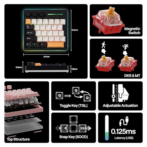 KiiBoom Cybrix 29 Rapid Fast Wired Gaming Keyboard, 8Khz Polling, Aluminum & Acrylic One Handed Keyboard, 3 Programmable Knobs, Magnetic Switch, Adjustable Actuation, RGB Backlits, FR4 Plate (Black) - Image 3