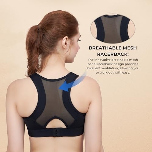 PLUMBURY Women's Padded Sports Bra with Mesh Racerback for Gym/Yoga/Workout, Size XL, Black - Image 5