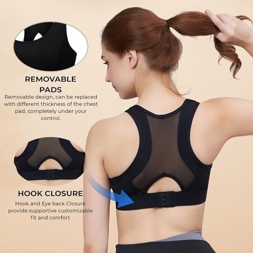 PLUMBURY Women's Padded Sports Bra with Mesh Racerback for Gym/Yoga/Workout, Size XL, Black - Image 3