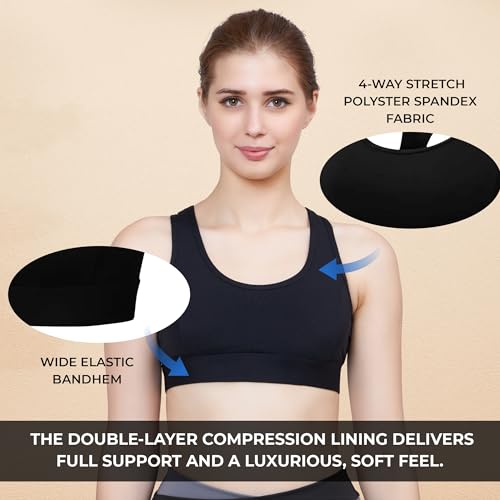 PLUMBURY Women's Padded Sports Bra with Mesh Racerback for Gym/Yoga/Workout, Size XL, Black - Image 2
