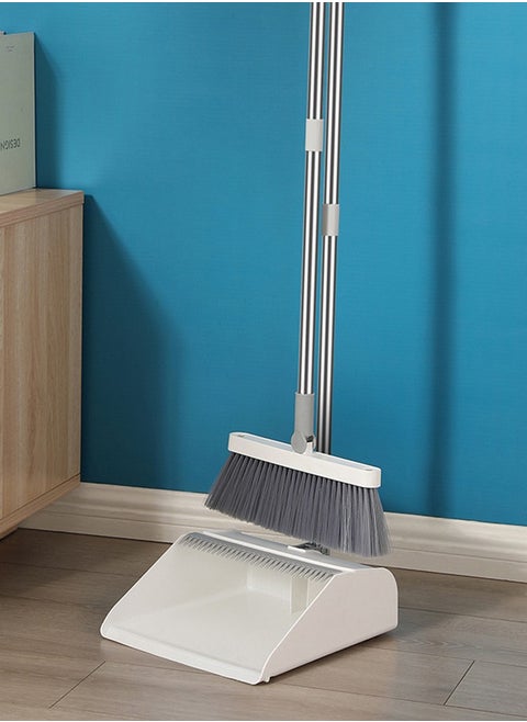 Dustpan and Brush Sets Long Handled, Soft Bristles Broom and Dustpan Set Indoor Outdoor, Household Upright Dust Pan Combo & Sweeping Brush for Lobby Kitchen Office White