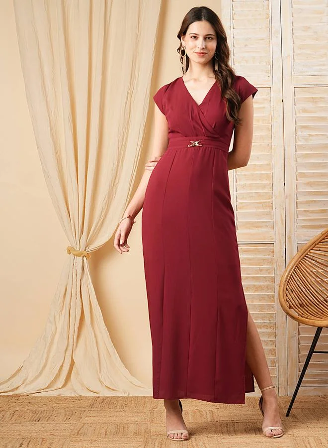 Surplice V Neck Maxi Dress with Buckle Accent
