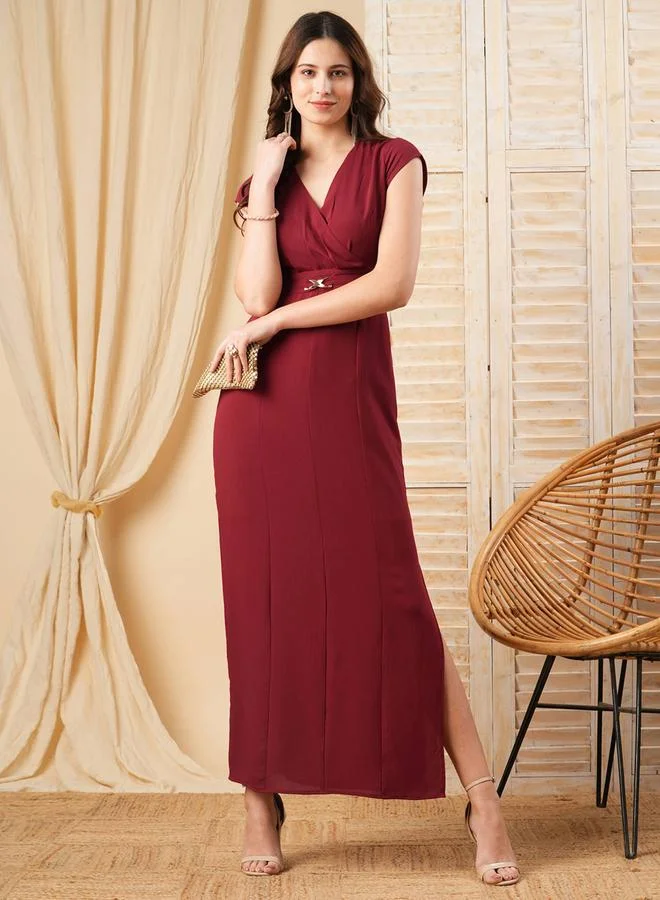 Mish Surplice V Neck Maxi Dress with Buckle Accent