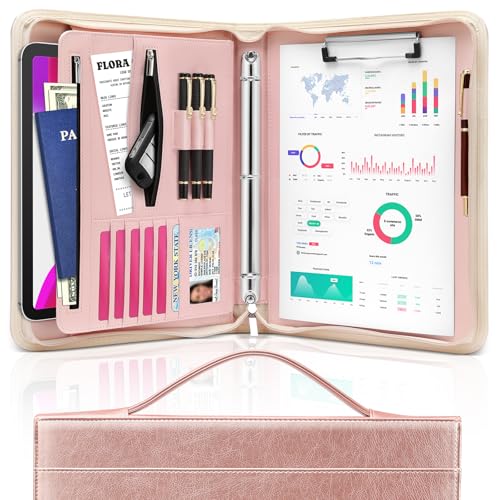 FEYYXS Padfolio Portfolio Organizer Binder with Zipper and Hidden Handle, PU Leather Portfolio Folder for Documents, Business Card Holder, Notepad Padfolio for Men&Women (Rose Gold) - Image 1