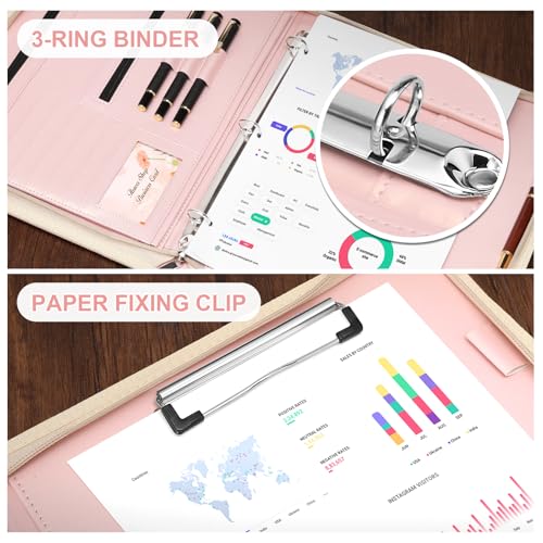 FEYYXS Padfolio Portfolio Organizer Binder with Zipper and Hidden Handle, PU Leather Portfolio Folder for Documents, Business Card Holder, Notepad Padfolio for Men&Women (Rose Gold) - Image 3