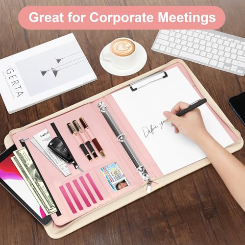 FEYYXS Padfolio Portfolio Organizer Binder with Zipper and Hidden Handle, PU Leather Portfolio Folder for Documents, Business Card Holder, Notepad Padfolio for Men&Women (Rose Gold) - Image 4