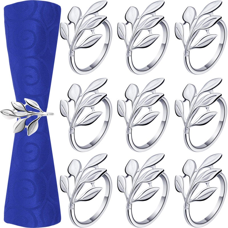 Hotop Hotop 24 Pcs Leaf Napkin Rings Set Silver Metal Napkins Rings Holders Bulk Glossy Table Adornment for Vintage Wedding Bridal Thanksgiving Christmas Holidays Fall Dinner Party Decoration Favors 