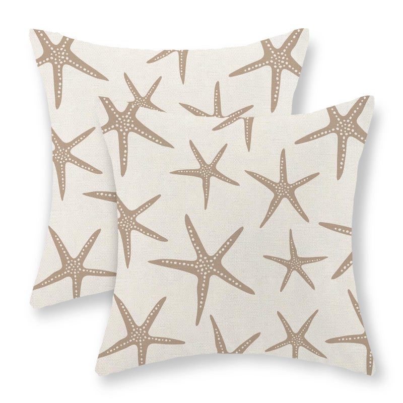 JEFERSO Brown Tan Starfish Pillow Covers 18x18 Set of 2 Coastal Throw Pillows Summer Nautical Ocean Beach Theme Decorative Pillowcase Outdoor Farmhouse Linen Decor Cushion Case for Couch Home Bedroom - Image 1