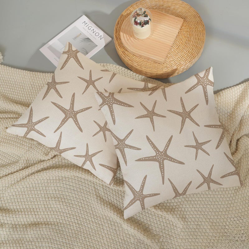 JEFERSO Brown Tan Starfish Pillow Covers 18x18 Set of 2 Coastal Throw Pillows Summer Nautical Ocean Beach Theme Decorative Pillowcase Outdoor Farmhouse Linen Decor Cushion Case for Couch Home Bedroom - Image 5